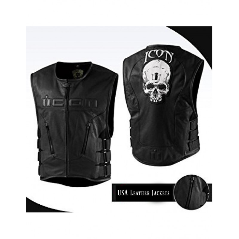 Icon Skull Motorcycle Black Leather Vest
