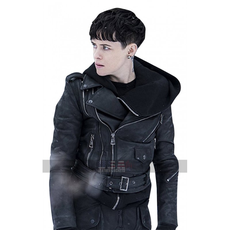 The Girl in the Spiders Web Claire Foy Belted Biker Leather Jacket