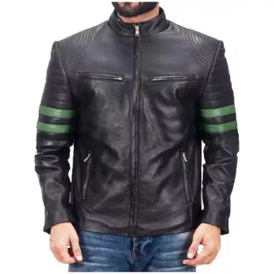 Men's Biker Green Striped Leather Jacket